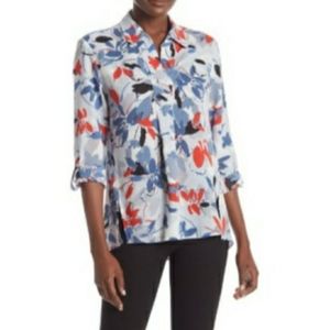 Jones New York Floral Roll-Up Sleeve Blouse